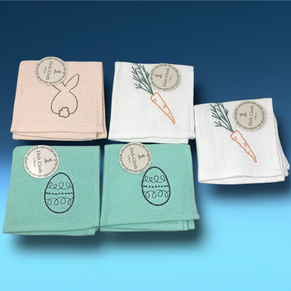 Lot 5 x Embroidered Easter Kitchen Bathroom Waffle Dish Cloths Egg Bunny Carrot - Picture 1 of 2
